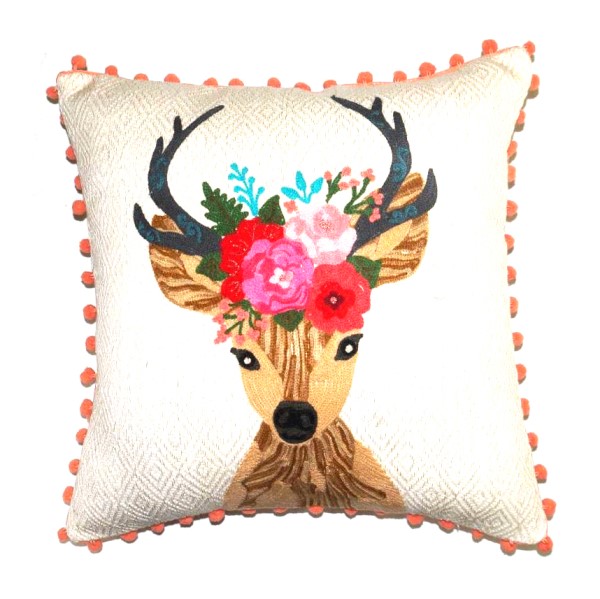 Kissen Hirsch – Baumwollkissen mit Stickerei, Beige