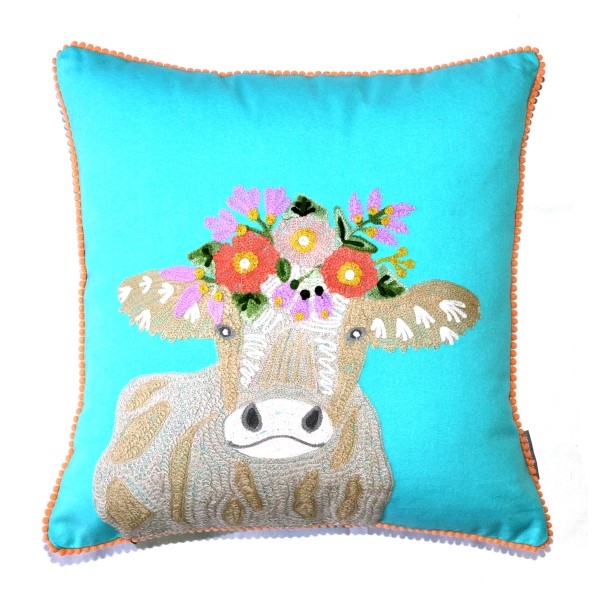 Baumwollkissen mit Kuh & Blumen – Aqua